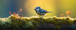 Natural background and a small blue bird perched on a branch with a small moss tree.generative ai