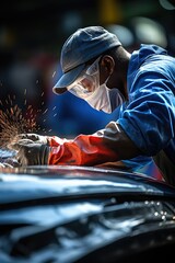 Wall Mural - An auto repairman grinding auto body bonnet in an open air. Generative AI