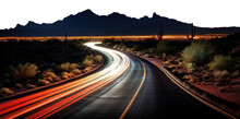 Vast Desert Highway. Transparent PNG Background. Light Streaks On A Desert Highway. City Lights At Night.