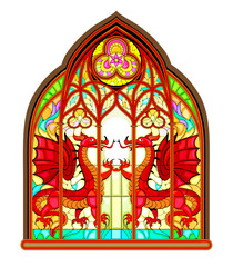 Wall Mural - Beautiful colorful medieval stained glass window. Gothic architectural style with pointed arch. Painting of ancient legendary red dragons. French churches architecture. Middle ages in Western Europe.