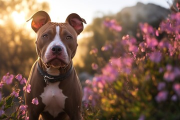 Sticker - A picture of a brown and white dog standing in a field of flowers. This image can be used to depict the beauty of nature and the companionship between humans and animals.