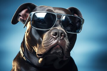 Aufkleber - A close up photograph of a dog wearing sunglasses. This picture can be used for various purposes, including pet-related articles, summer-themed designs, and social media posts.