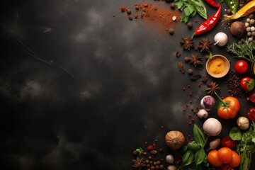 Poster - A diverse selection of different types of food arranged on a black table. This image can be used to showcase a wide range of dishes and cuisines.