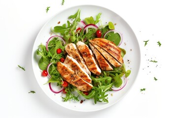 Poster - A delicious salad and succulent chicken served on a white plate. Perfect for healthy eating and meal preparation.