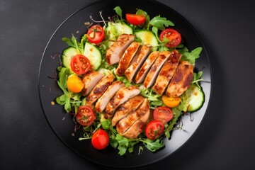 Poster - A black plate with a delicious assortment of meat and vegetables. This image can be used for food blogs, restaurant menus, or cooking magazines.
