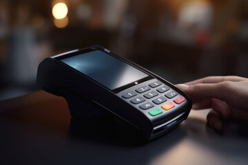 Poster - A detailed close-up image of a person using a point of sale (POS) terminal. This image can be used to illustrate cashless transactions and modern payment systems.