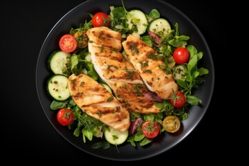 Poster - A black plate filled with a delicious combination of chicken and fresh vegetables. Perfect for a healthy and satisfying meal.