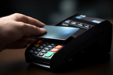 Poster - A person is shown using a credit card machine on a table. This image can be used for illustrating financial transactions and payment processing.