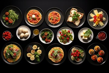 Poster - A table topped with plates of different types of food. This versatile image can be used to showcase a variety of food options and settings.