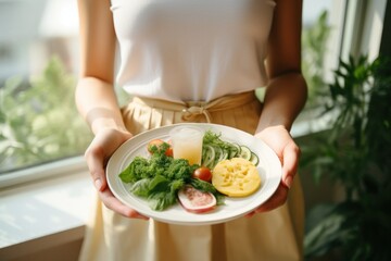 Wall Mural - A woman holding a plate of food in front of a window. This image can be used to depict a healthy meal, a cooking or recipe concept, or a scene of enjoying a meal with a view.