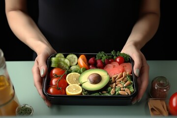 Poster - A woman is seen holding a container filled with a variety of fresh fruit and vegetables. This image can be used to promote healthy eating, grocery shopping, or a balanced diet.