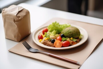 Aufkleber - A simple and appetizing plate of food placed on a table, accompanied by a fork. Perfect for showcasing delicious meals and dining experiences.