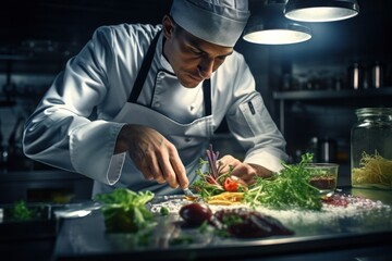 Wall Mural - A chef is seen in a kitchen, busy preparing a meal. This image can be used to showcase professional cooking skills and the art of culinary preparation.