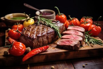 Poster - A delicious steak, beautifully presented on a cutting board, accompanied by fresh tomatoes and peppers. This image is perfect for food blogs, restaurant menus, and cooking websites.
