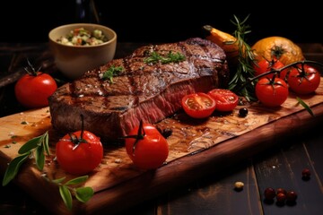 Poster - A delicious steak is displayed on a cutting board, surrounded by fresh tomatoes and aromatic herbs. This image can be used to showcase culinary skills or promote healthy eating.