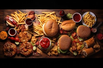 Aufkleber - A table filled with a diverse selection of food items. Perfect for showcasing different cuisines and options for a meal. Ideal for restaurant menus, food blogs, and recipe websites.