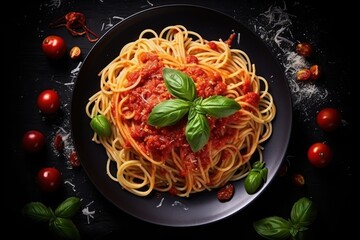 Poster - A delicious plate of spaghetti with a rich tomato sauce topped with fresh basil. Perfect for Italian cuisine or food-related projects.