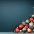 Christmas baubles stacked in the right hand corner with a blue background and room for copy