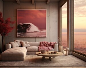 Wall Mural - A cozy living room with a bright and vibrant painting on the wall, filled with plush furniture and natural light streaming through the window, evokes a feeling of warmth and comfort