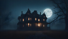 An Eerie Haunted House Under The Moonlight Ai Generation