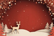 A Christmas scene with cut out reindeer and Christmas tress over a red snowy background. Copy space in the senter.