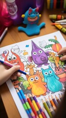 Canvas Print - A child's hand is drawing a picture with colored crayons