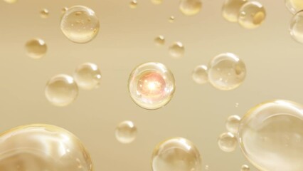 Wall Mural - Macro shot of various Gold bubbles in water rising up on the light background. Super slow motion Beauty glossy Moisturizing bubble blobs or drops 3D animation find a special extract.