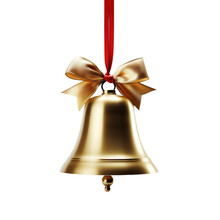 Golden Christmas Bell With A Red Bow Transparent On White Background