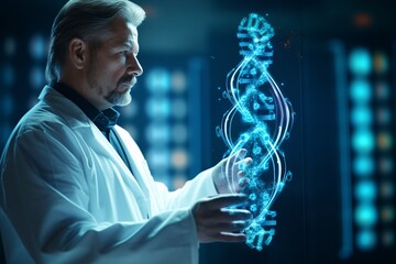 Medicine Doctor Holding Blue Helix DNA Structure on Hologram Modern Virtual Screen Interface and Diagnose Healthcare on Digital Network