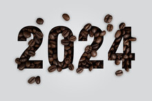Coffee Lovers Happy New Year 2024. White - Grey With Coffee Beans Cut Out From Paper, Concept