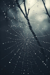 Wall Mural - fog droplets in a spiderweb. generative ai