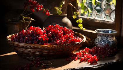 Wall Mural - Freshness of nature bounty on a rustic wooden table Organic berries generated by AI