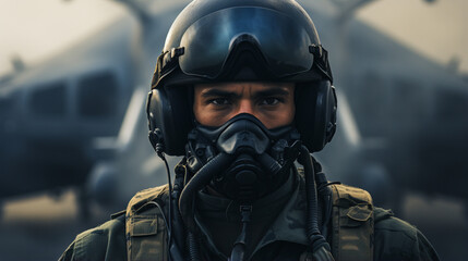 Amid the aura of anticipation, a fighter pilot stands at the airfield, adorned in a mask and helmet. The visage exudes determination and focus, a symbol of the precision demanded b