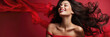 © aninna - happy laughing young woman with long flowing hair on red background, banner with copy space