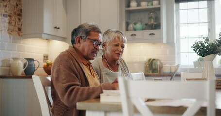 Poster - Home, laptop and senior couple with documents, planning and real estate with investment, savings or conversation. Computer, old man or elderly woman with paperwork, kitchen or pension fund with email