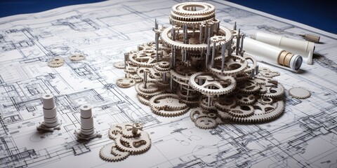 Aufkleber - Gears and Blueprints Artfully Assembled on a White Table, Showcasing Precision and Creativity in Technical Design and Innovation
