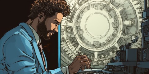 Aufkleber - Innovative Technician in Blue Suit: An Animated Illustration Depicting a Skilled Man Focused on Repairing Gears on a Computer Screen, Combining Technology and Artistry