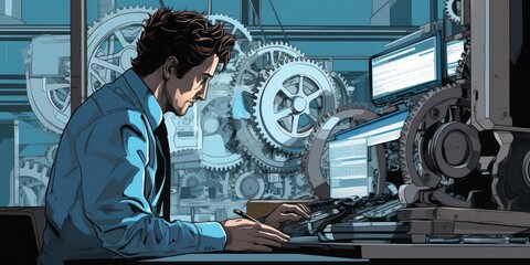 Aufkleber - Innovative Technician in Blue Suit: An Animated Illustration Depicting a Skilled Man Focused on Repairing Gears on a Computer Screen, Combining Technology and Artistry