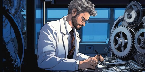 Aufkleber - Innovative Technician in Blue Suit: An Animated Illustration Depicting a Skilled Man Focused on Repairing Gears on a Computer Screen, Combining Technology and Artistry