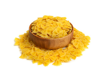 Wall Mural - Raw Farfalle Pasta Isolated, Yellow Dry Noodles, Wheat Bow Macaroni, Uncooked Farfalle in Wood Bowl