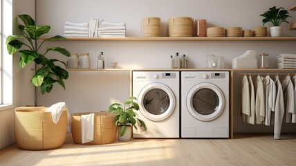 A washing machine stands against a pristine white wall. Beside it, there's a basket filled with laundry, detergents neatly arranged, a healthy ficus plant, and a stack of fresh towels, creating