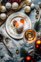 Wall Mural - table with glass of cocktail with champagne, blurred christmas tree on background. AI Generated