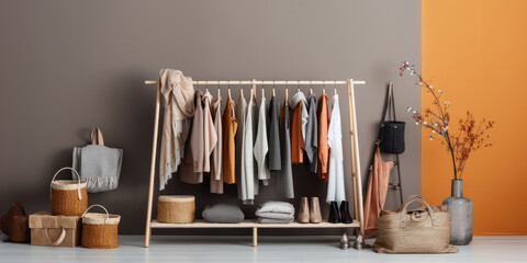 Rack with bright stylish clothes, shoes and accessories near light grey wall indoors