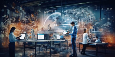 Aufkleber - Technological Fusion in the Workplace: Industry Professionals Utilize Advanced Tools and Collaborative Efficiency to Enhance Productivity, Embracing a Modern and Innovative Approach to Work