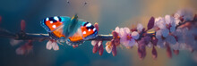 The Butterfly Is Sitting On Pink Cherry Blossoms Branch On The Blurred Blue Sky Background. Long Banner With Spring Flowers Of Cherries Tree