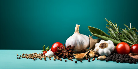 Wall Mural - garlic, basil leaves, rosemary, black pepper, tomato slice isolated on a turquoise background. culinary background. ai generative