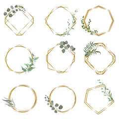 Wall Mural - Vector set with gold frames and sprigs of green eucalyptus. Frames on white background for holiday design. . Vector illustration