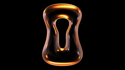 Poster - Seamless animation of glowing geometric keyhole shape with light and reflections isolated on black background in 3d rendering.