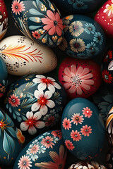 Aufkleber - painted Easter eggs, flatlay background 