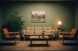 © dark_blade - Empty chair and sofa in front of small table in office of psychologist. AI Generated